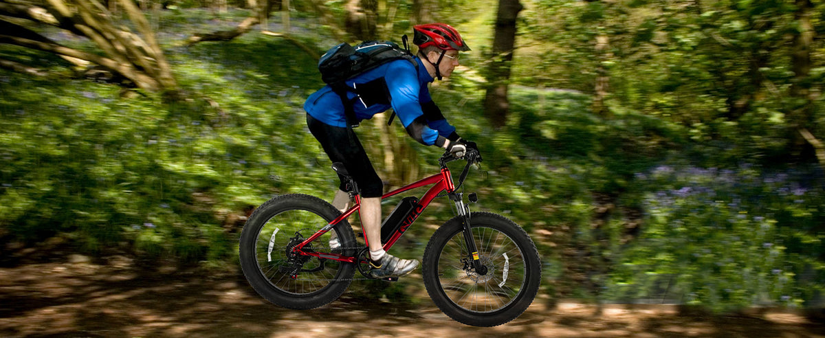 Rider using a red Qlife fat tire electric bike on a forest trail
